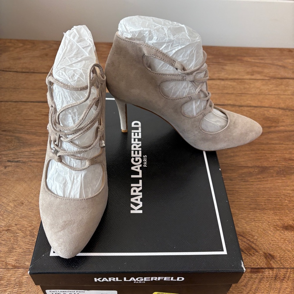 Karl Lagerfeld Women's Taupe Suede Lace-Up Heels